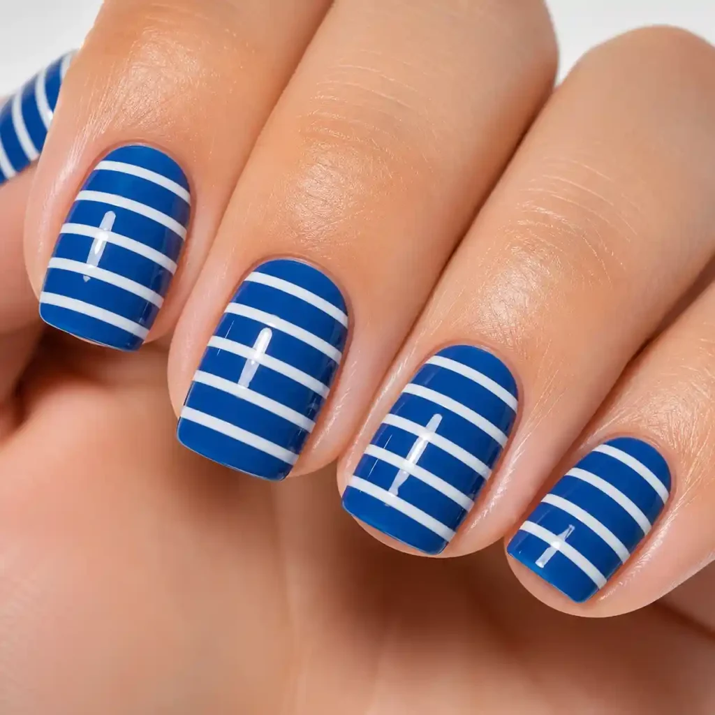 Ocean Blue with White Stripes Nails
