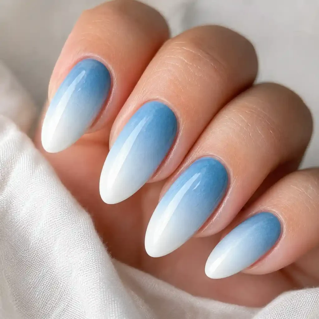 Blue Ombre Fade to White Nails