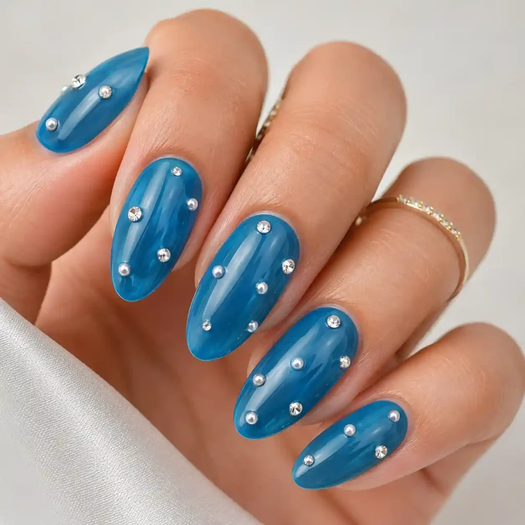 Ocean Blue with Pearl Dots Nails