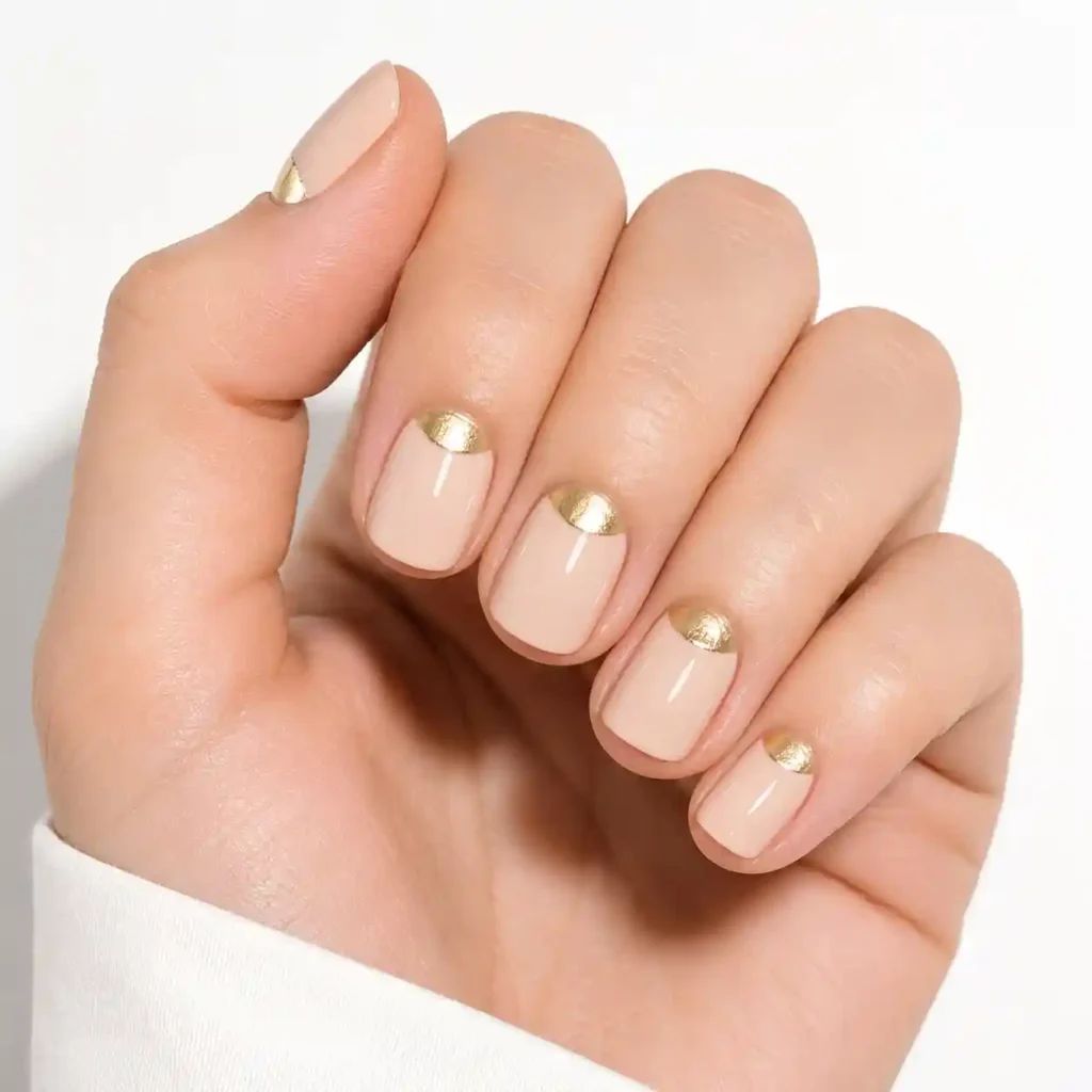 Nude with Metallic Half-Moon Nails