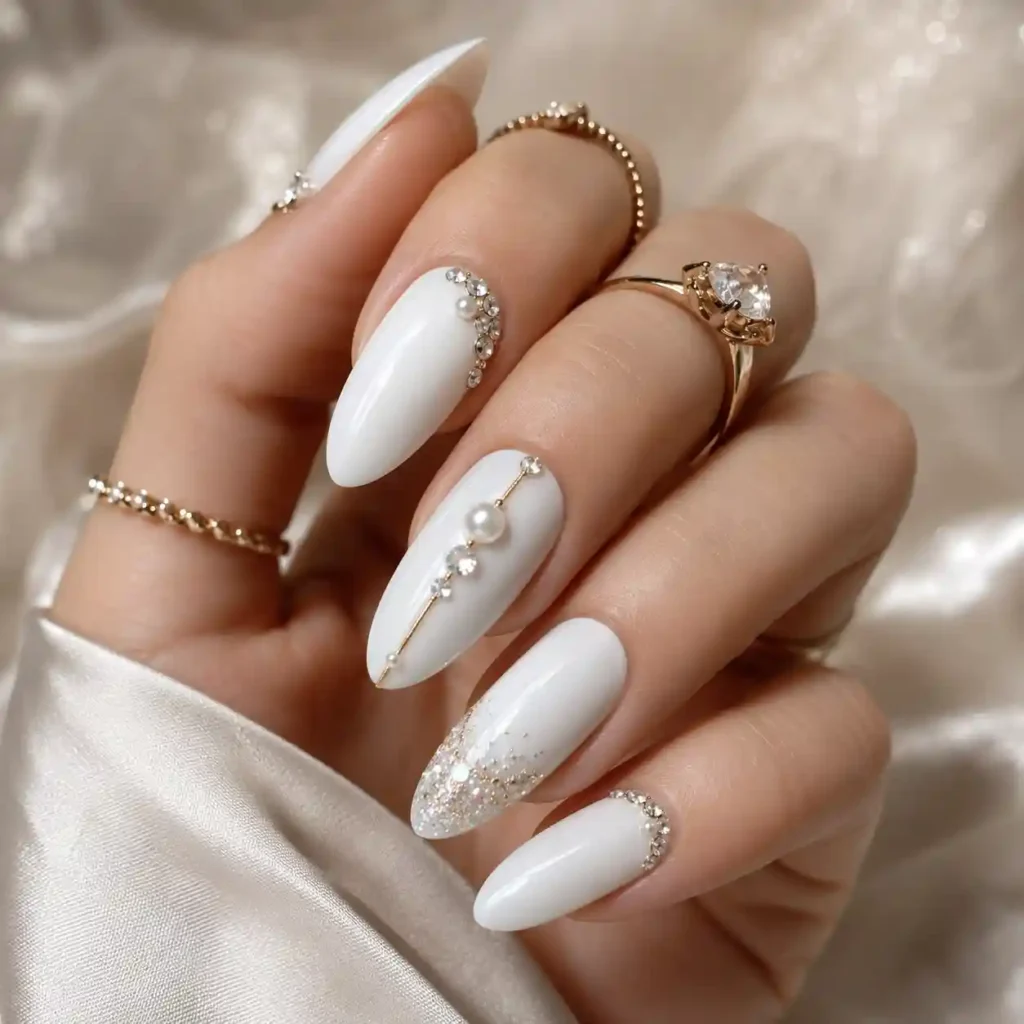 White with Jewelry and Sparkle nails