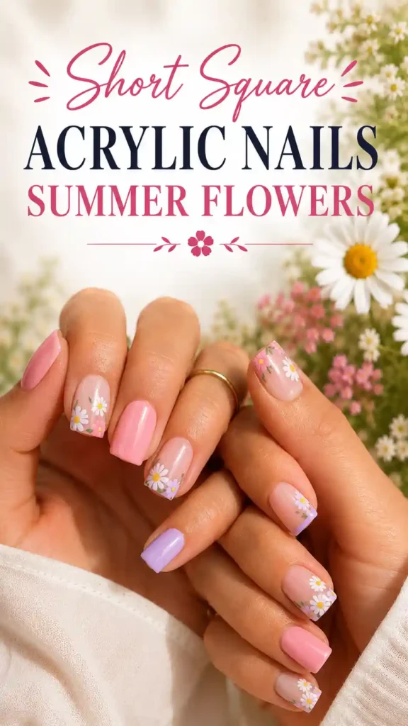 Short Square Acrylic Nails Summer Flowers