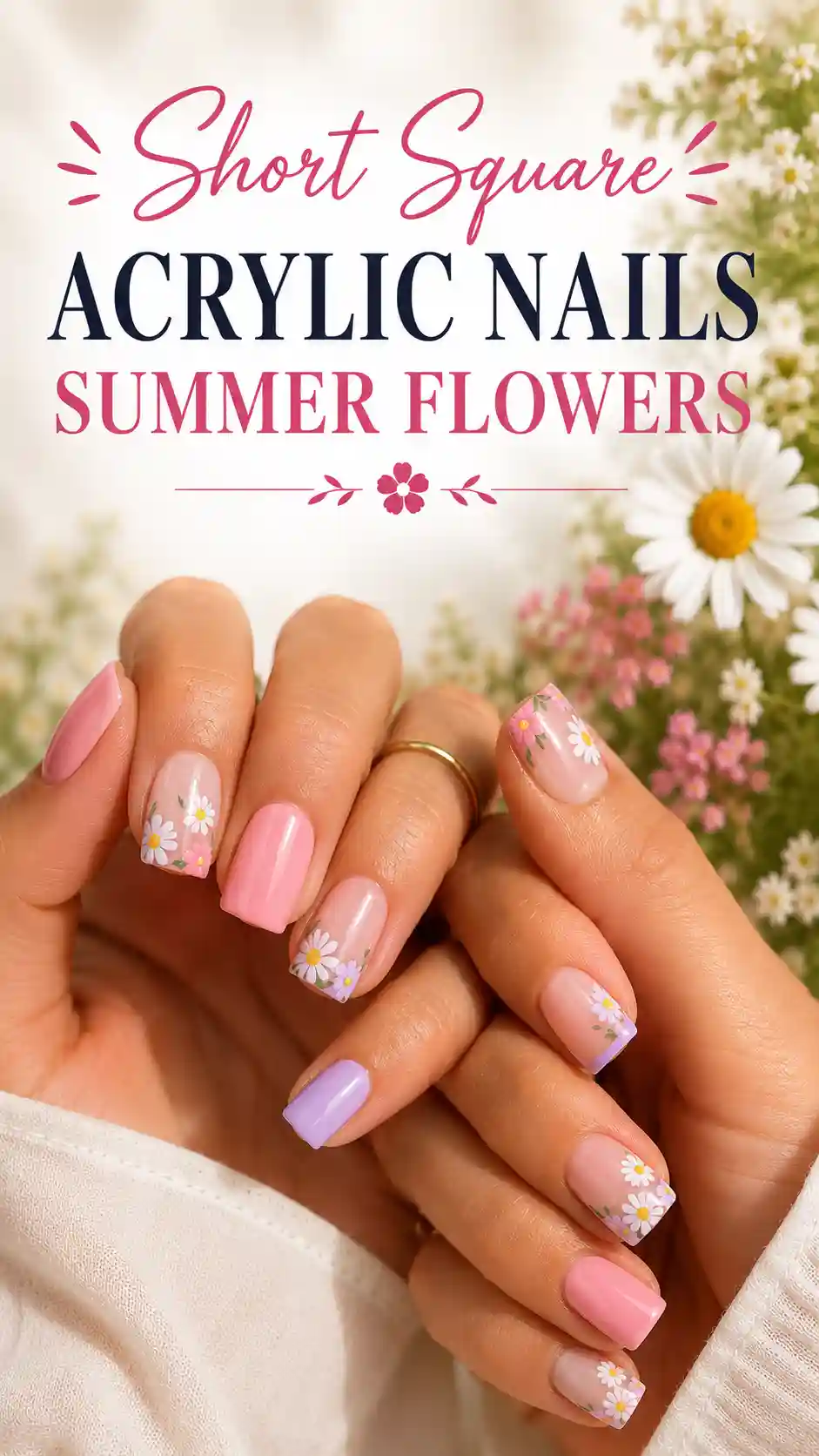 Short Square Acrylic Nails Summer Flowers