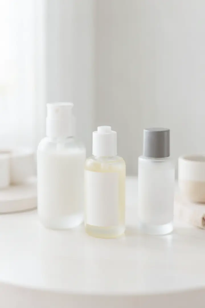 gentle skincare routine setup with unlabeled bottles on a minimal