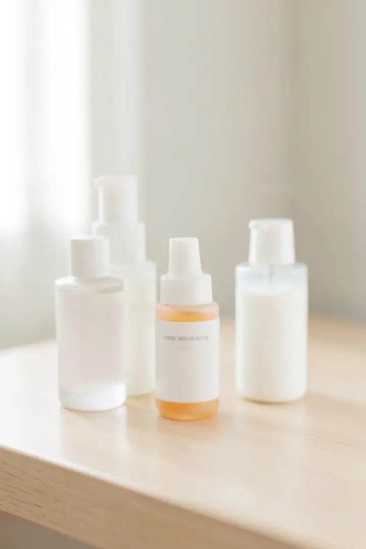 gentle skincare routine setup with unlabeled bottles on a minimal