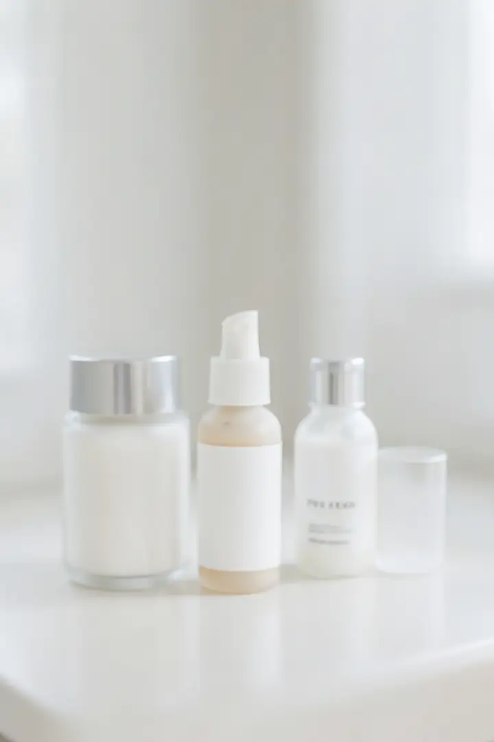 gentle skincare routine setup with unlabeled bottles on a minimal