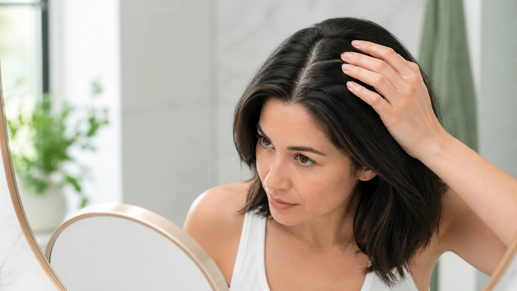 Woman inspecting oily roots and a mildly flaky scalp in a mirror