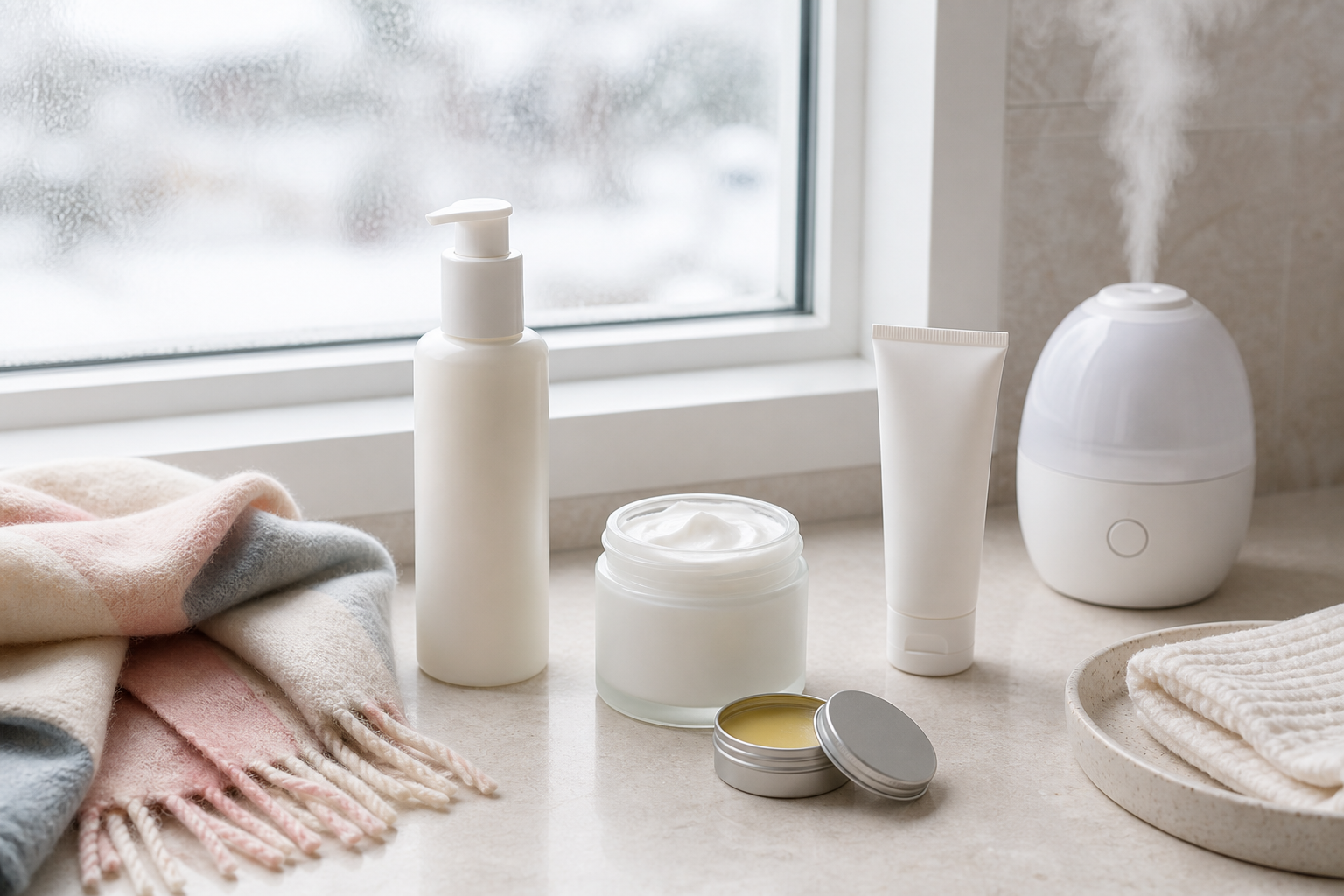 Cold-weather skincare routine with cleanser, moisturizer, balm, sunscreen, scarf, and humidifier