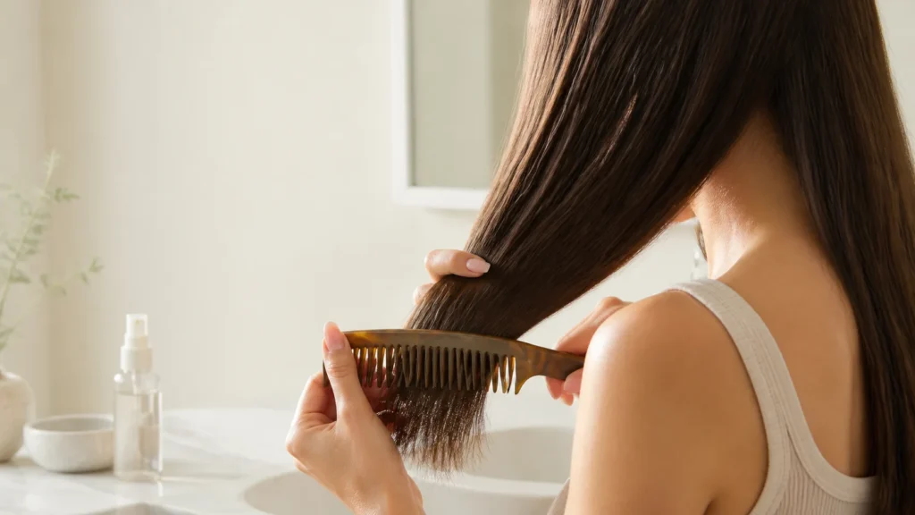 Woman gently detangling the ends of fine hair with a wide-tooth comb