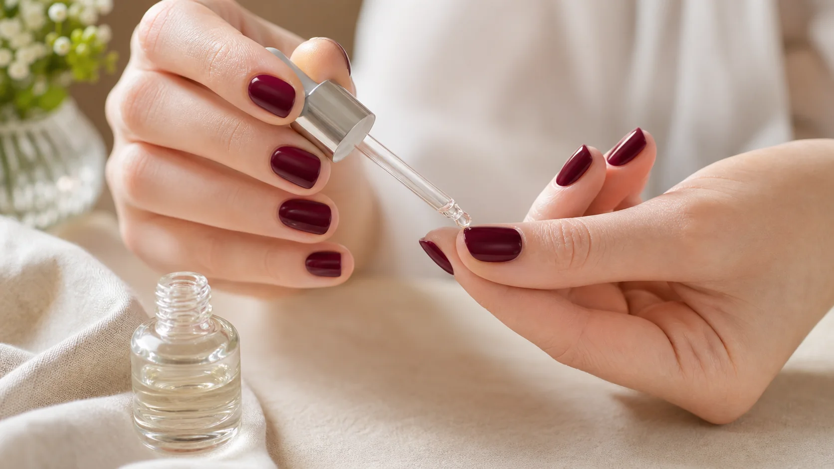 Applying cuticle oil around fully cured glossy berry gel polish