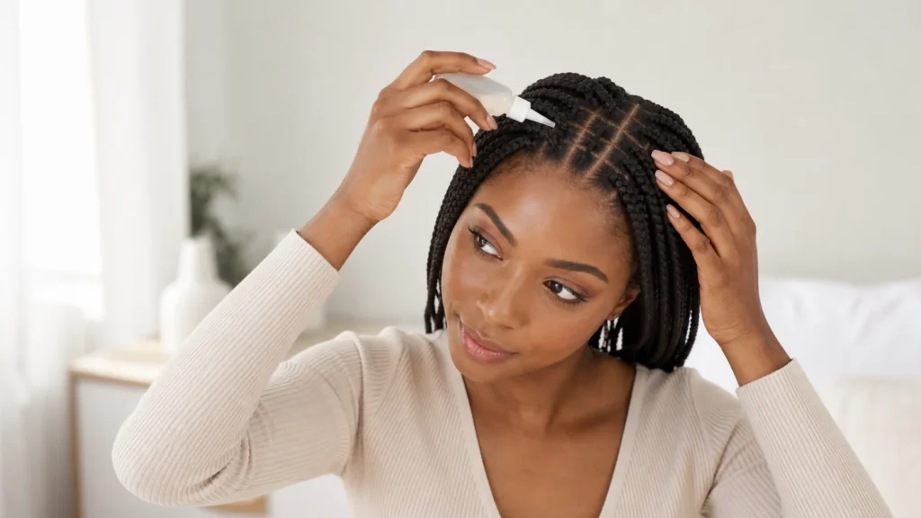 Woman applying a lightweight scalp mist between knotless braids