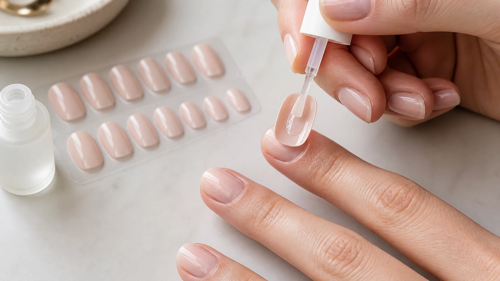 Applying a thin controlled layer of nail glue inside a nude press-on nail