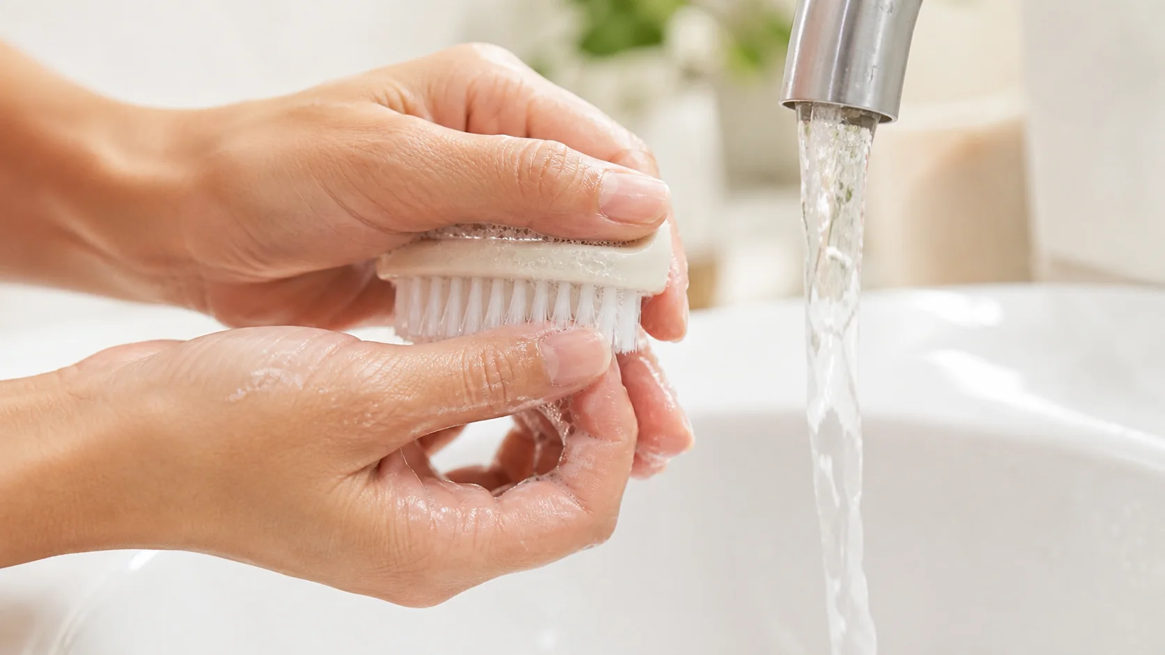 Cleaning beneath short natural nails gently with a soft brush and running water