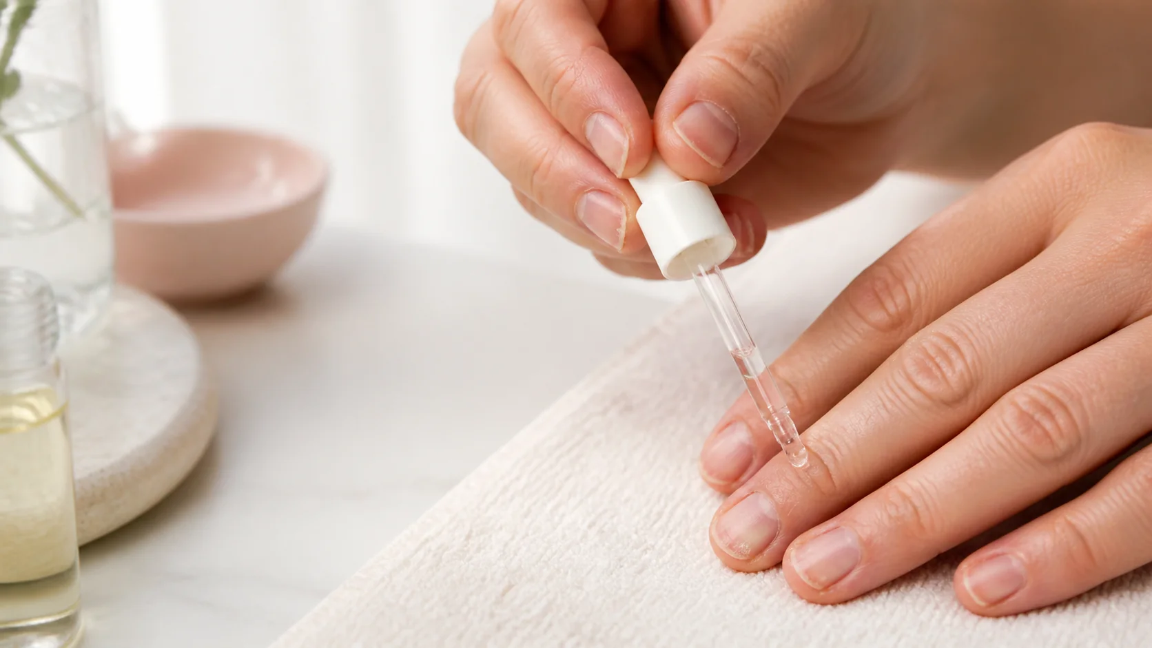 Natural short fingernails receiving cuticle oil for peeling tips