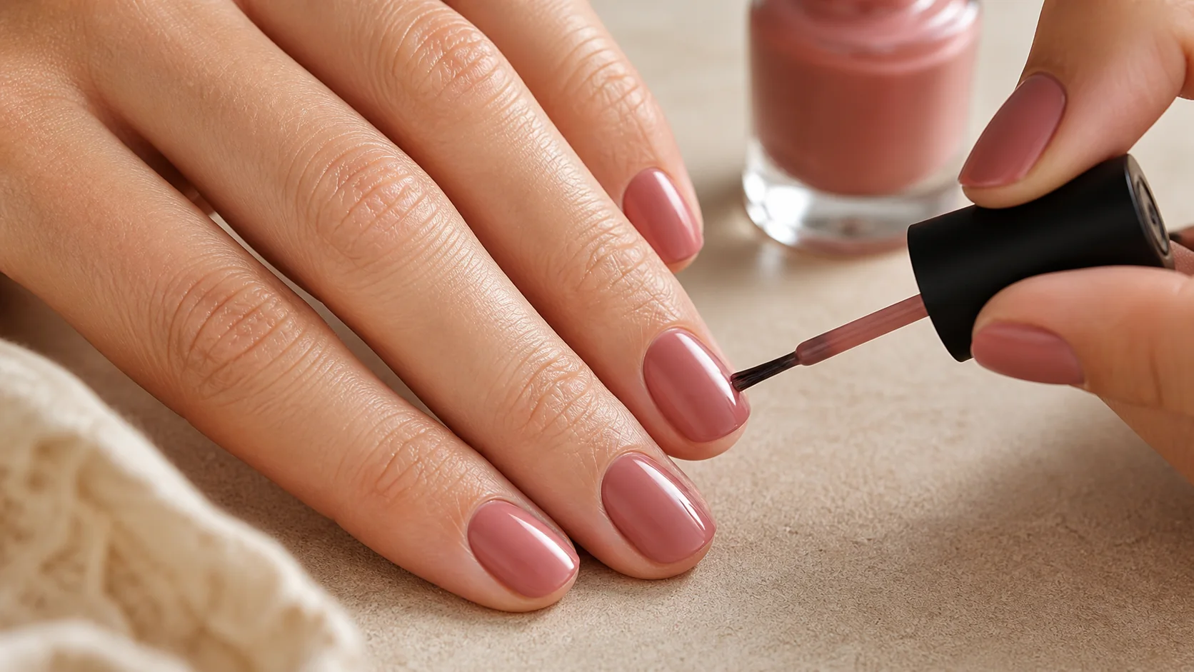 Applying a thin swipe of rose nail polish across the free edge to prevent tip chipping